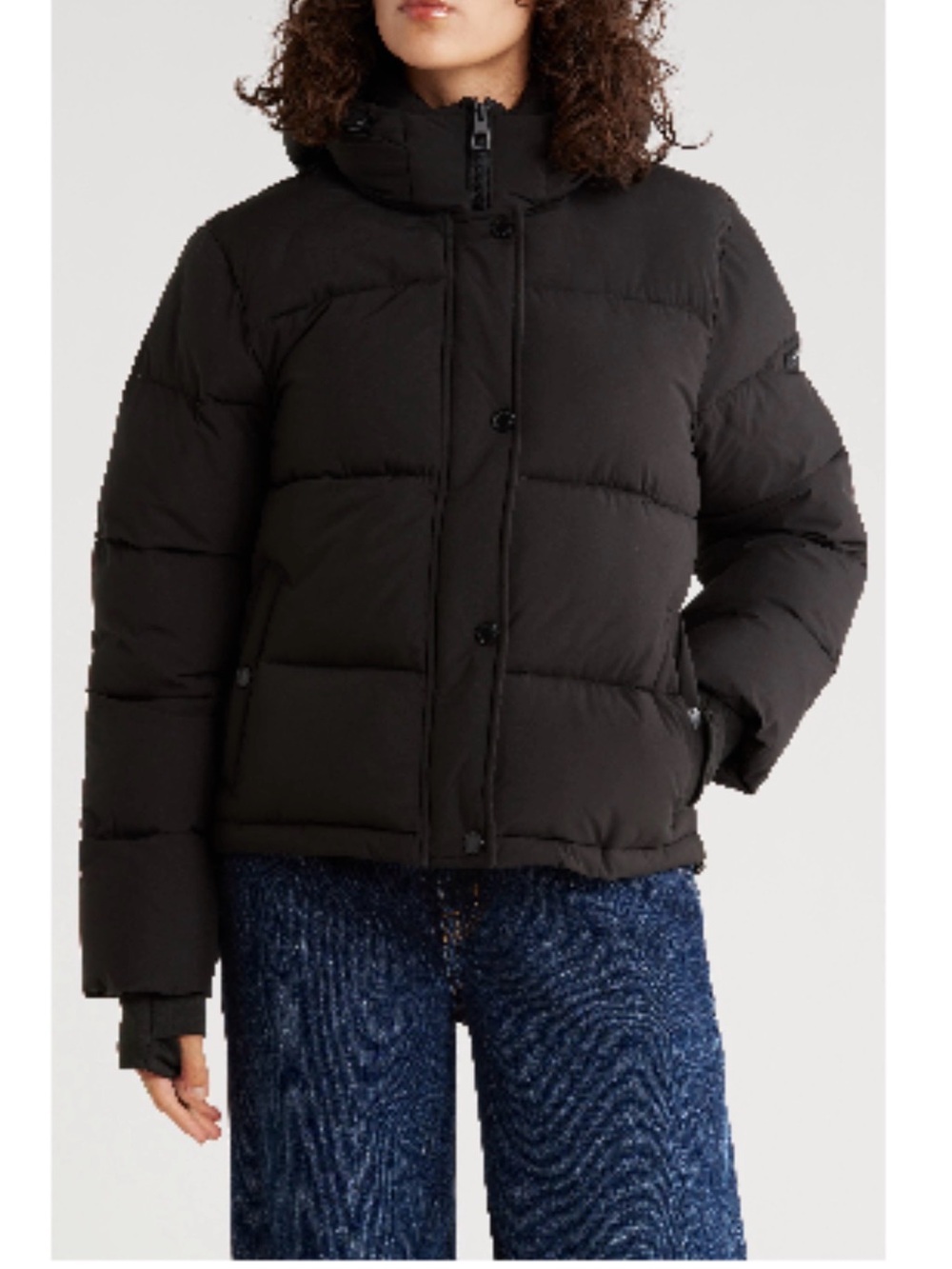 BCBG Black Short Puffer Jacket with Stand Collar